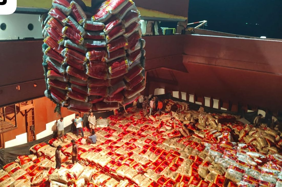 Sling of red-bagged rice lowered into a ship’s hold, stevedores below on the stow
